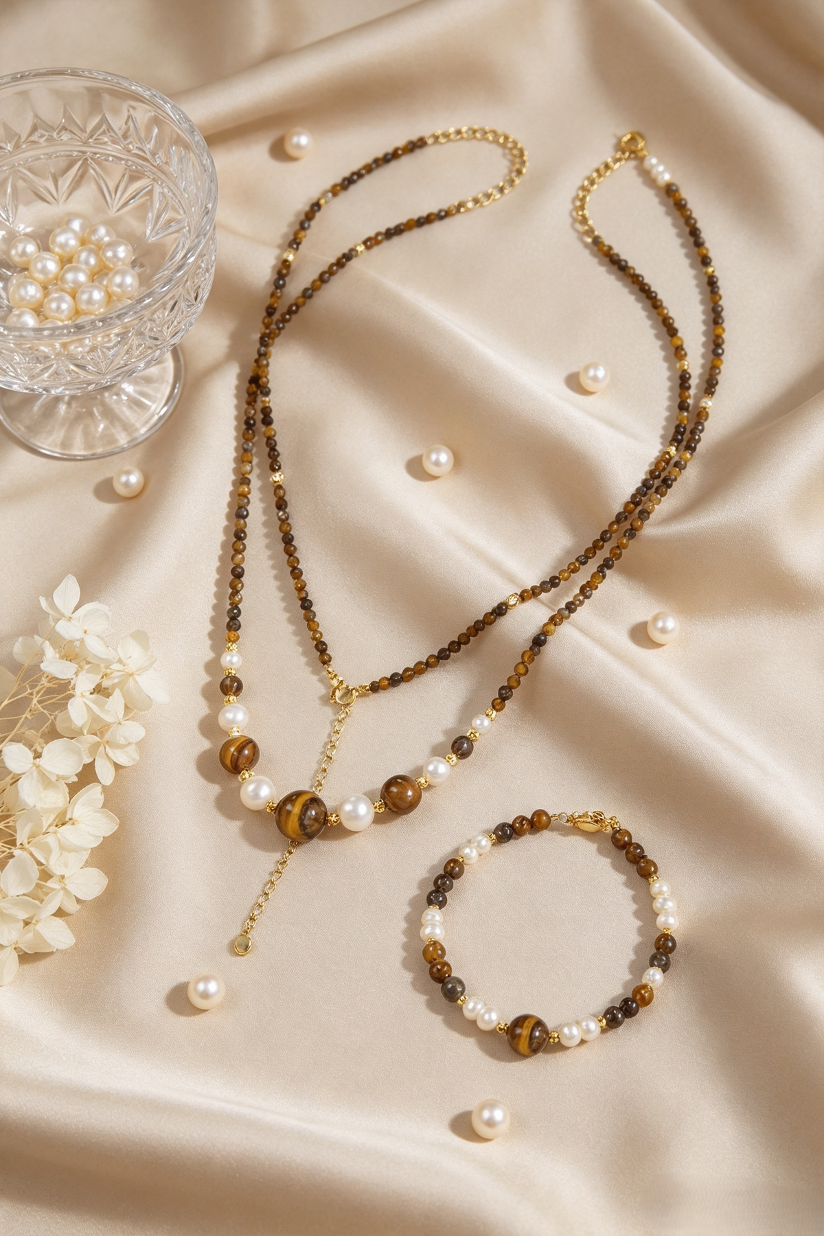 Warm Earth‑Tone Tiger‑Eye & Pearl Beaded Jewelry Set | Layering Necklace & Bracelet for Office & Casual Everyday Wear