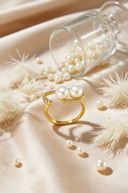 Asymmetrical Freshwater Pearl Open Ring | Gold Plated Jewelry for Women