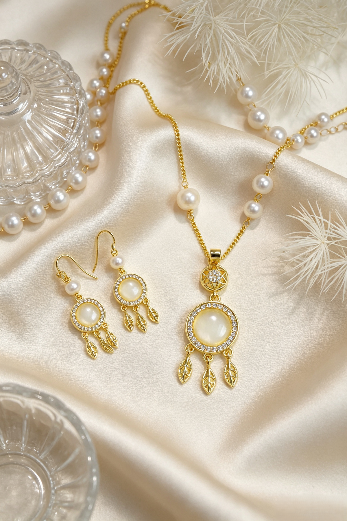 Vintage Cloisonné Enamel Swan Jewelry Set | Gold‑Plated Freshwater Pearl Necklace & Earrings for Wedding, Cheongsam & Gala Occasions