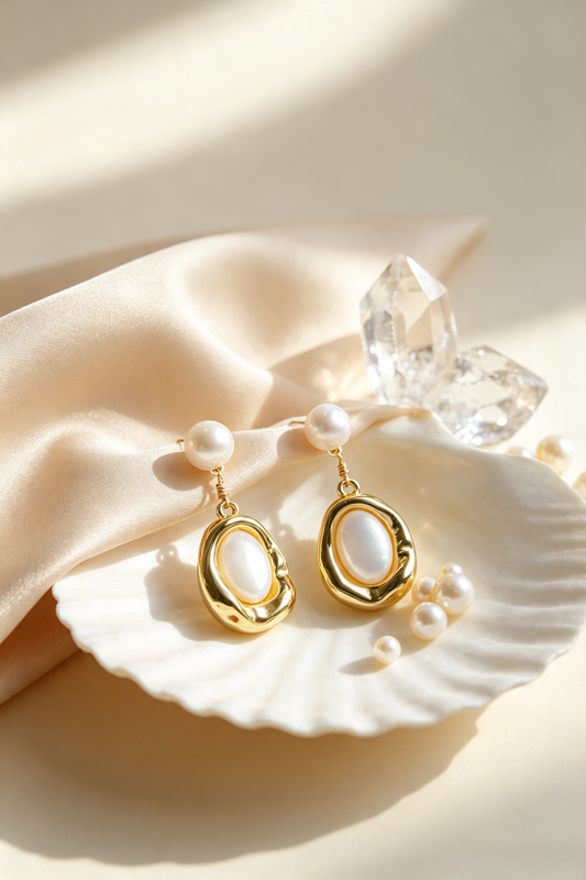 Fownora Organic Hammered Gold Mother-of-Pearl Drop Earrings Minimalist Freshwater Pearl Dangle Jewelry for Women