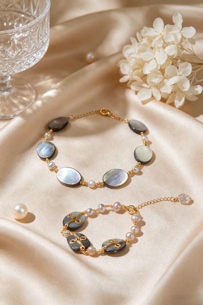 Fownora Natural Iridescent Black Mother-of-Pearl Jewelry Set Freshwater Pearl Gold Matching Necklace & Bracelet for Women