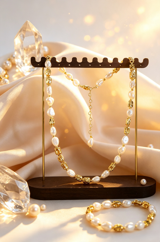 Baroque Freshwater Pearl Jewelry Set | Hammered Gold‑Plated Necklace & Bracelet, Nickel‑Free Sensitive Skin Friendly