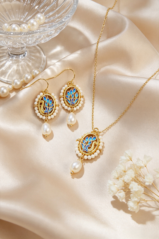 Retro Cloisonné Swan Freshwater Pearl Jewelry Set, Dainty Gold Drop Necklace Earrings for Date Night & Gala Occasions