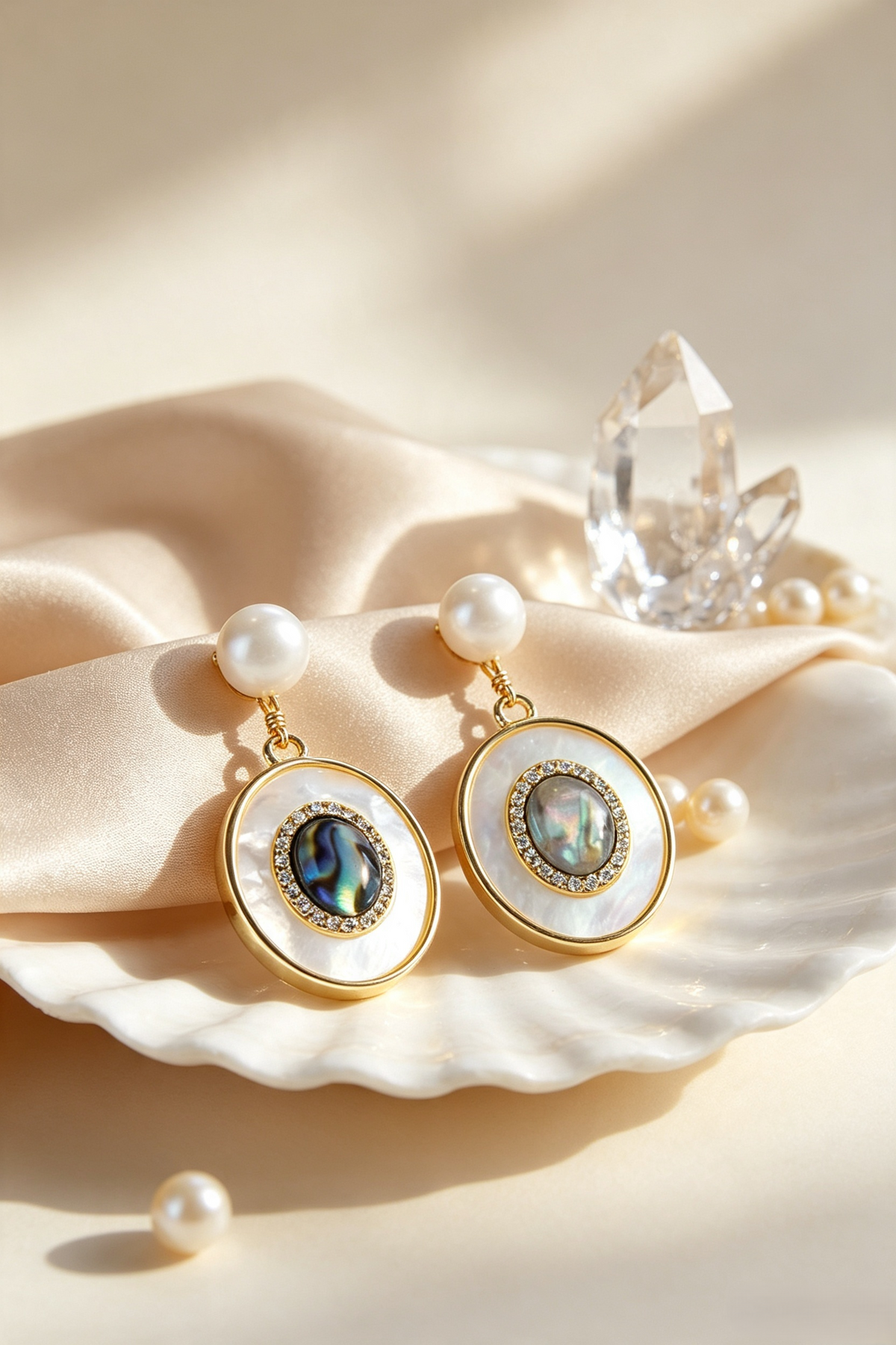 Fownora Luxury Two-Tier Abalone Shell Pearl Dangle Earrings Cubic Zirconia Halo Mother-of-Pearl Vintage Jewelry for Women