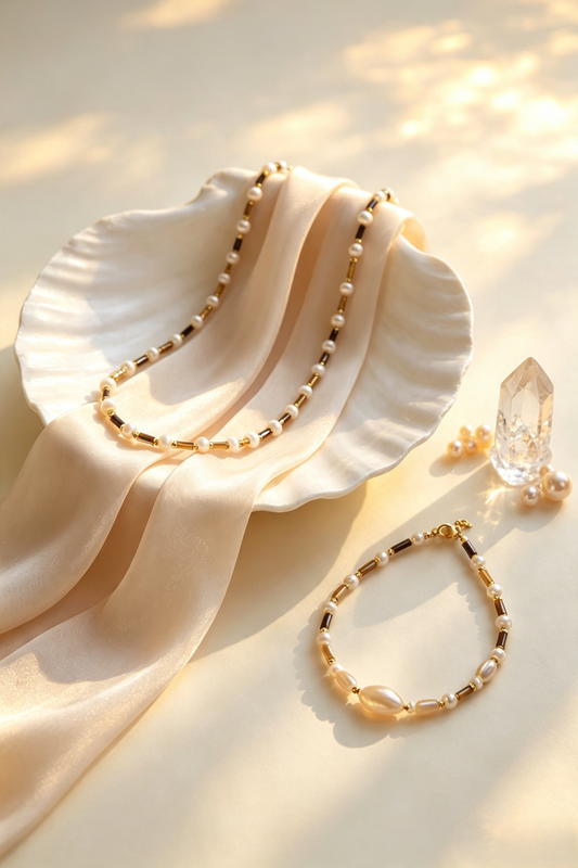 Hand‑Strung Tiger‑Eye & Freshwater Pearl Necklace Bracelet Set | Vintage Handmade Beaded Jewelry