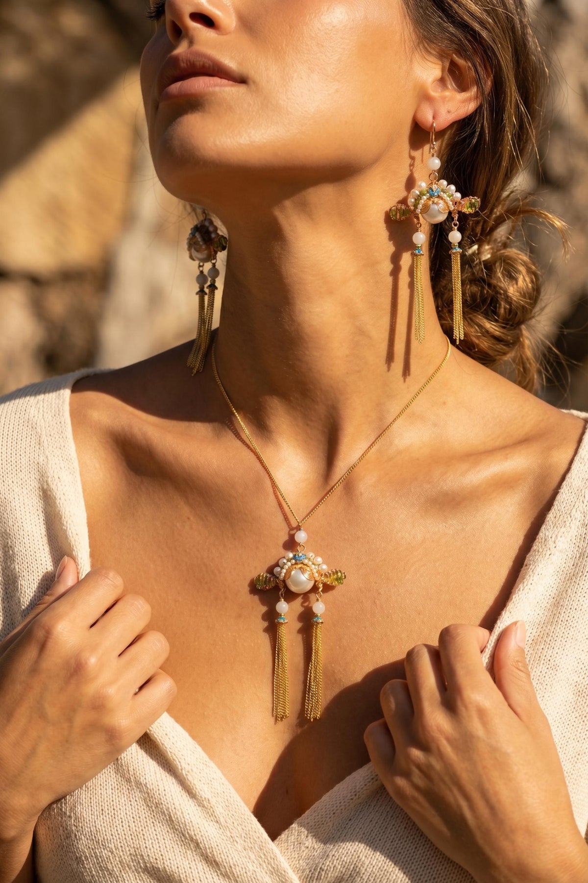 Handmade Peking Opera Headdress‑Inspired Jewelry Set, Gold Tassel Pearl Jade Necklace & Earrings for Hanfu, Cheongsam & Cultural Themed Photoshoots