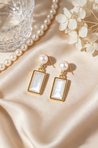 Minimalist Pearl & Mother‑of‑Pearl Drop Earrings, Gold‑Plated Nickel‑Free Earrings for Sensitive Ears