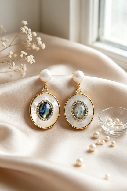 Fownora Luxury Two-Tier Abalone Shell Pearl Dangle Earrings Cubic Zirconia Halo Mother-of-Pearl Vintage Jewelry for Women