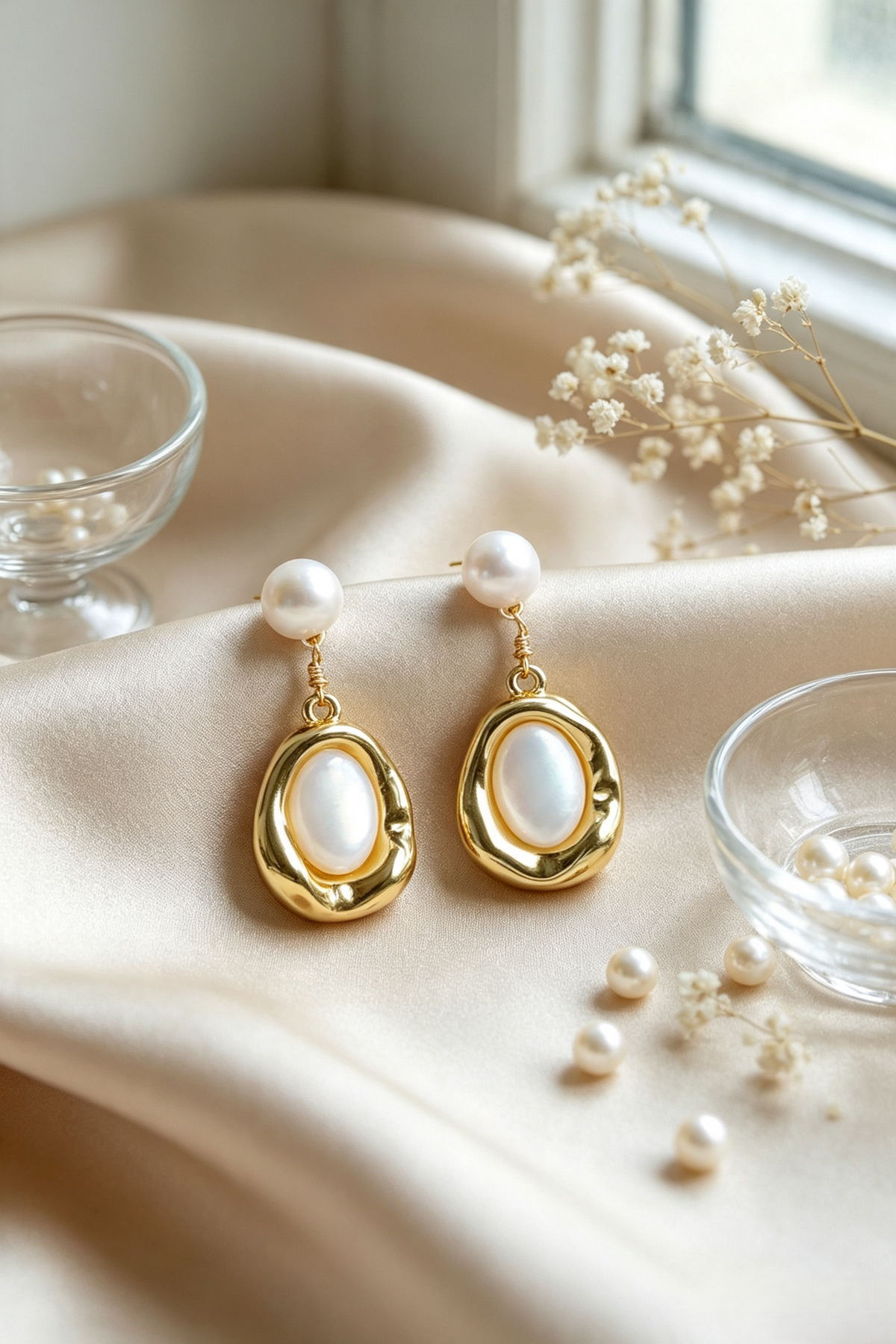 Fownora Organic Hammered Gold Mother-of-Pearl Drop Earrings Minimalist Freshwater Pearl Dangle Jewelry for Women