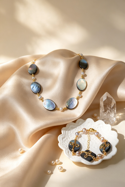Fownora Natural Iridescent Black Mother-of-Pearl Jewelry Set Freshwater Pearl Gold Matching Necklace & Bracelet for Women