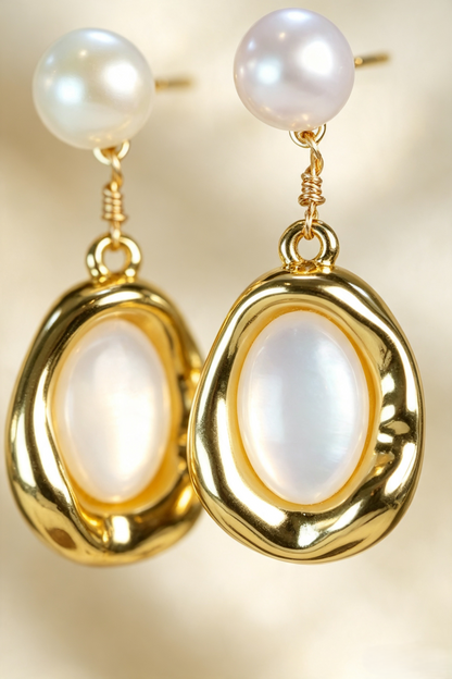 Fownora Organic Hammered Gold Mother-of-Pearl Drop Earrings Minimalist Freshwater Pearl Dangle Jewelry for Women