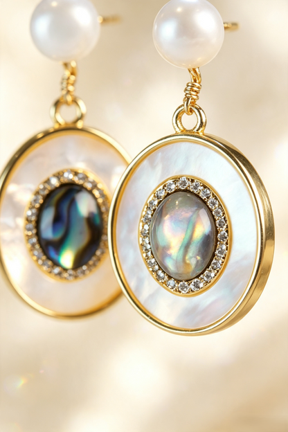 Fownora Luxury Two-Tier Abalone Shell Pearl Dangle Earrings Cubic Zirconia Halo Mother-of-Pearl Vintage Jewelry for Women
