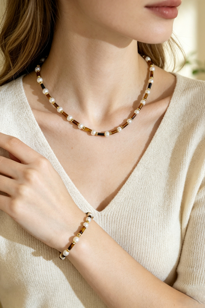 Hand‑Strung Tiger‑Eye & Freshwater Pearl Necklace Bracelet Set | Vintage Handmade Beaded Jewelry
