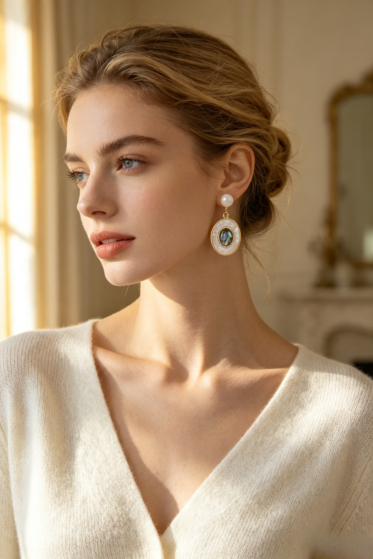 Fownora Luxury Two-Tier Abalone Shell Pearl Dangle Earrings Cubic Zirconia Halo Mother-of-Pearl Vintage Jewelry for Women