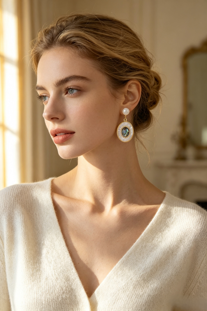 Fownora Luxury Two-Tier Abalone Shell Pearl Dangle Earrings Cubic Zirconia Halo Mother-of-Pearl Vintage Jewelry for Women
