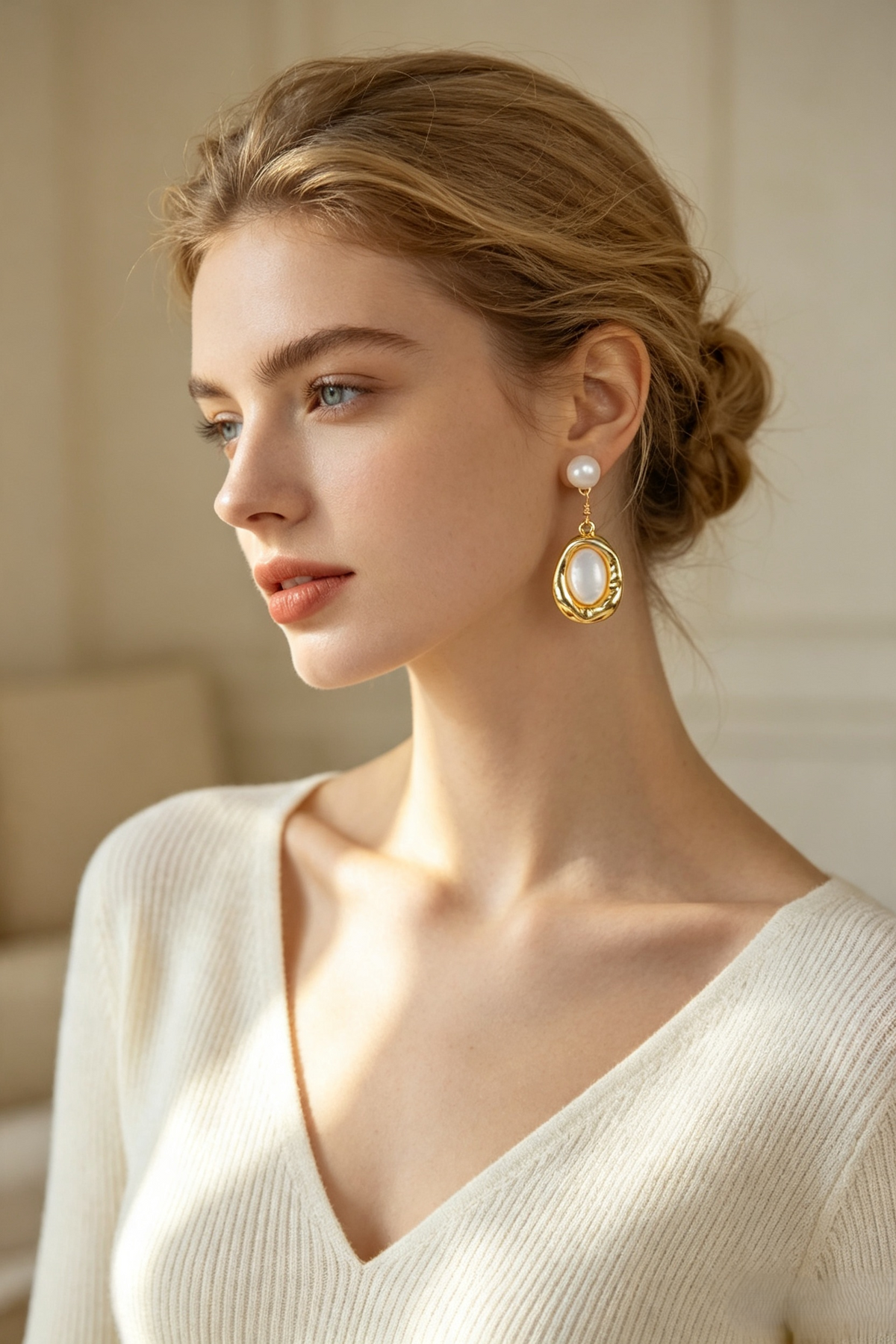 Fownora Organic Hammered Gold Mother-of-Pearl Drop Earrings Minimalist Freshwater Pearl Dangle Jewelry for Women