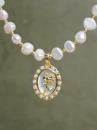 Vintage Rose Cameo Jewelry Set, Baroque Freshwater Pearl Necklace & Drop Earrings, Gold‑Plated Mother‑of‑Pearl Gift Set for Women