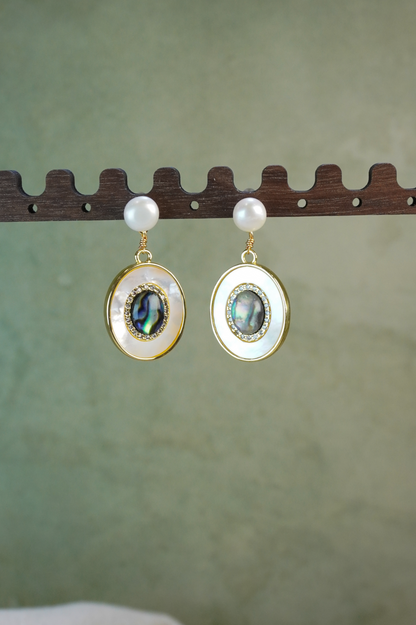 Fownora Luxury Two-Tier Abalone Shell Pearl Dangle Earrings Cubic Zirconia Halo Mother-of-Pearl Vintage Jewelry for Women