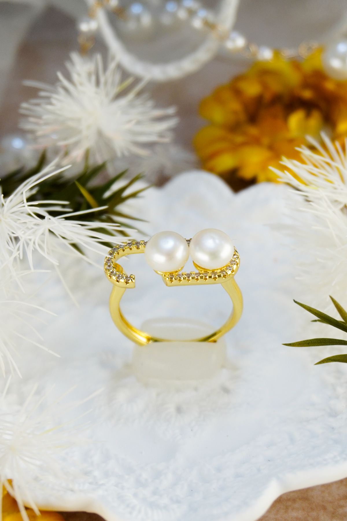 Asymmetrical Freshwater Pearl Open Ring | Gold Plated Jewelry for Women