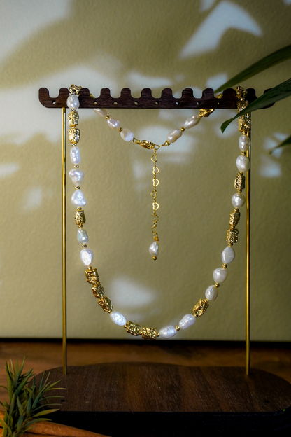 Baroque Freshwater Pearl Jewelry Set | Hammered Gold‑Plated Necklace & Bracelet, Nickel‑Free Sensitive Skin Friendly