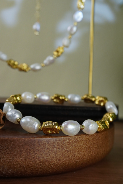 Baroque Freshwater Pearl Jewelry Set | Hammered Gold‑Plated Necklace & Bracelet, Nickel‑Free Sensitive Skin Friendly