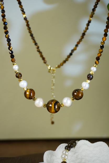 Warm Earth‑Tone Tiger‑Eye & Pearl Beaded Jewelry Set | Layering Necklace & Bracelet for Office & Casual Everyday Wear