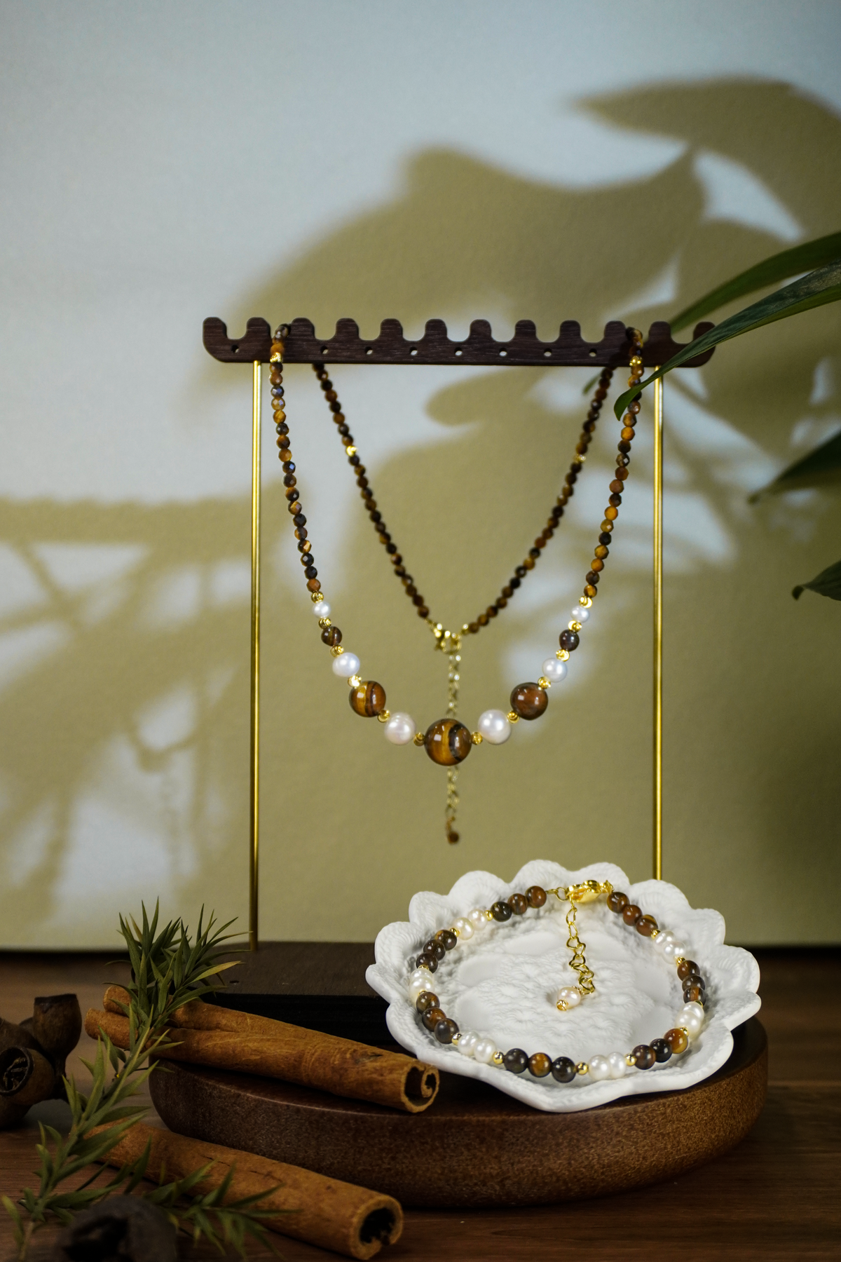 Warm Earth‑Tone Tiger‑Eye & Pearl Beaded Jewelry Set | Layering Necklace & Bracelet for Office & Casual Everyday Wear