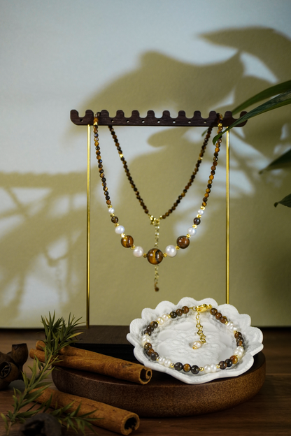 Warm Earth‑Tone Tiger‑Eye & Pearl Beaded Jewelry Set | Layering Necklace & Bracelet for Office & Casual Everyday Wear
