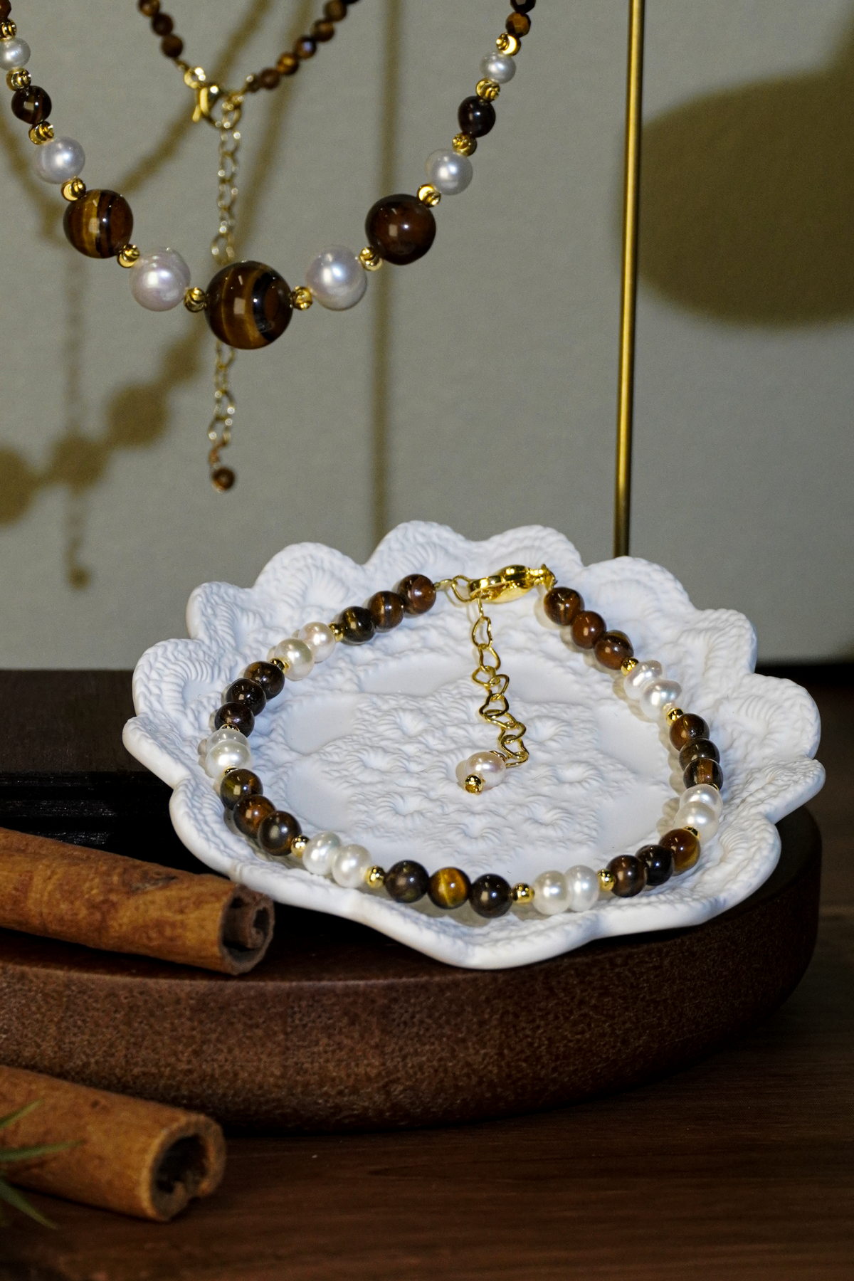 Warm Earth‑Tone Tiger‑Eye & Pearl Beaded Jewelry Set | Layering Necklace & Bracelet for Office & Casual Everyday Wear