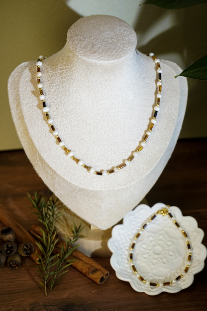 Hand‑Strung Tiger‑Eye & Freshwater Pearl Necklace Bracelet Set | Vintage Handmade Beaded Jewelry