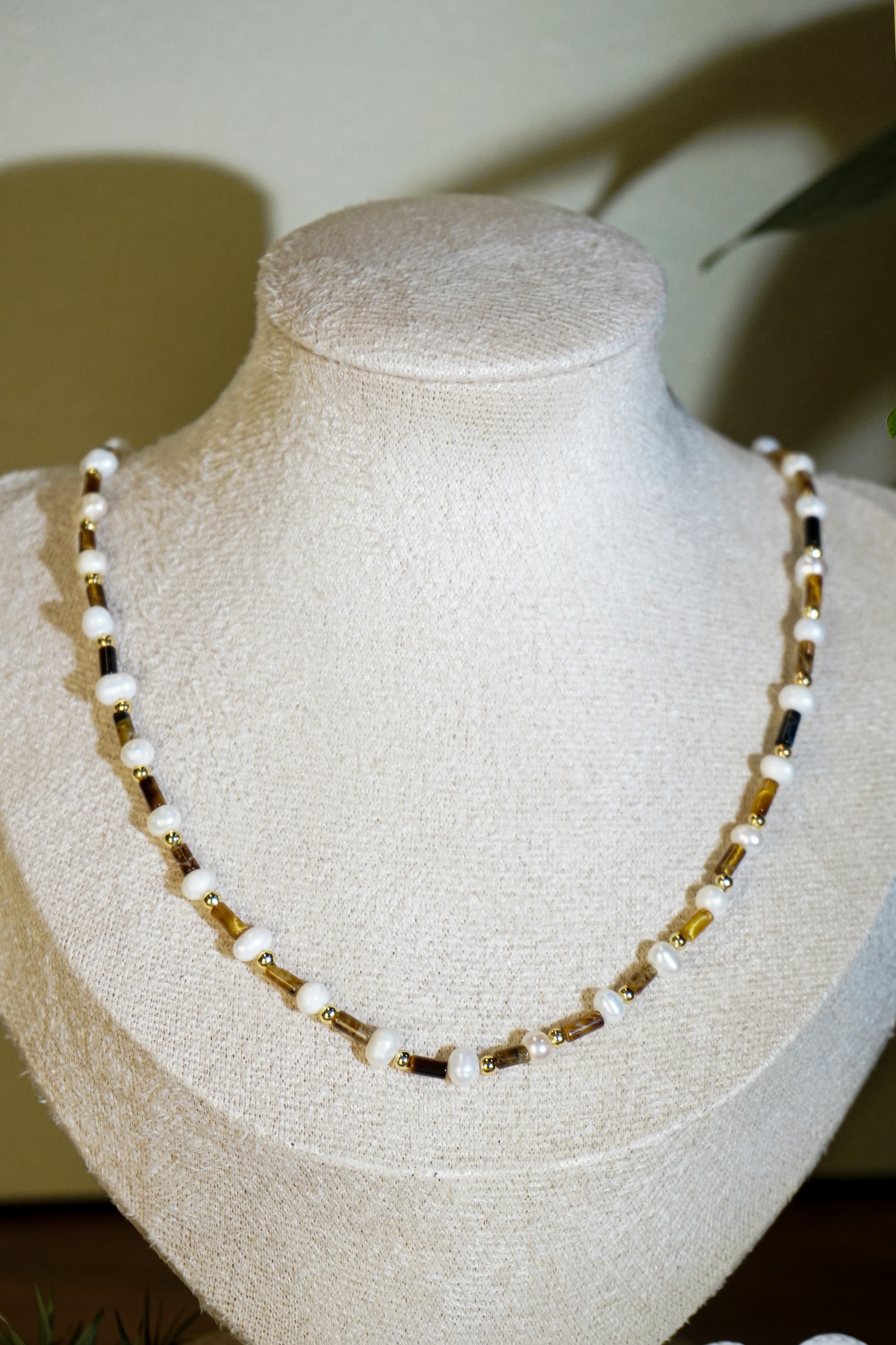 Hand‑Strung Tiger‑Eye & Freshwater Pearl Necklace Bracelet Set | Vintage Handmade Beaded Jewelry