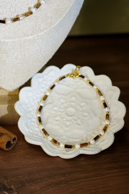 Hand‑Strung Tiger‑Eye & Freshwater Pearl Necklace Bracelet Set | Vintage Handmade Beaded Jewelry